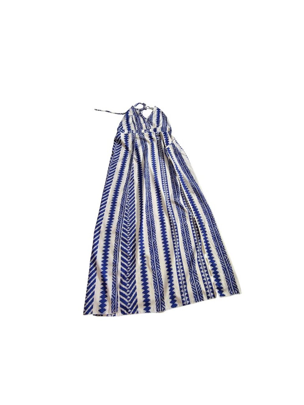Womens Blue & White Chevron Maxi Dress With Halter Neck & Tie Closure Summer S